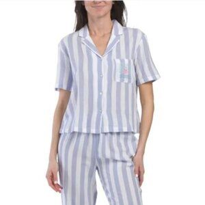 NWT CYNTHIA ROWLEY 2pc Cabana Cotton Stripe Notch Collar Top And Capris PJ Set